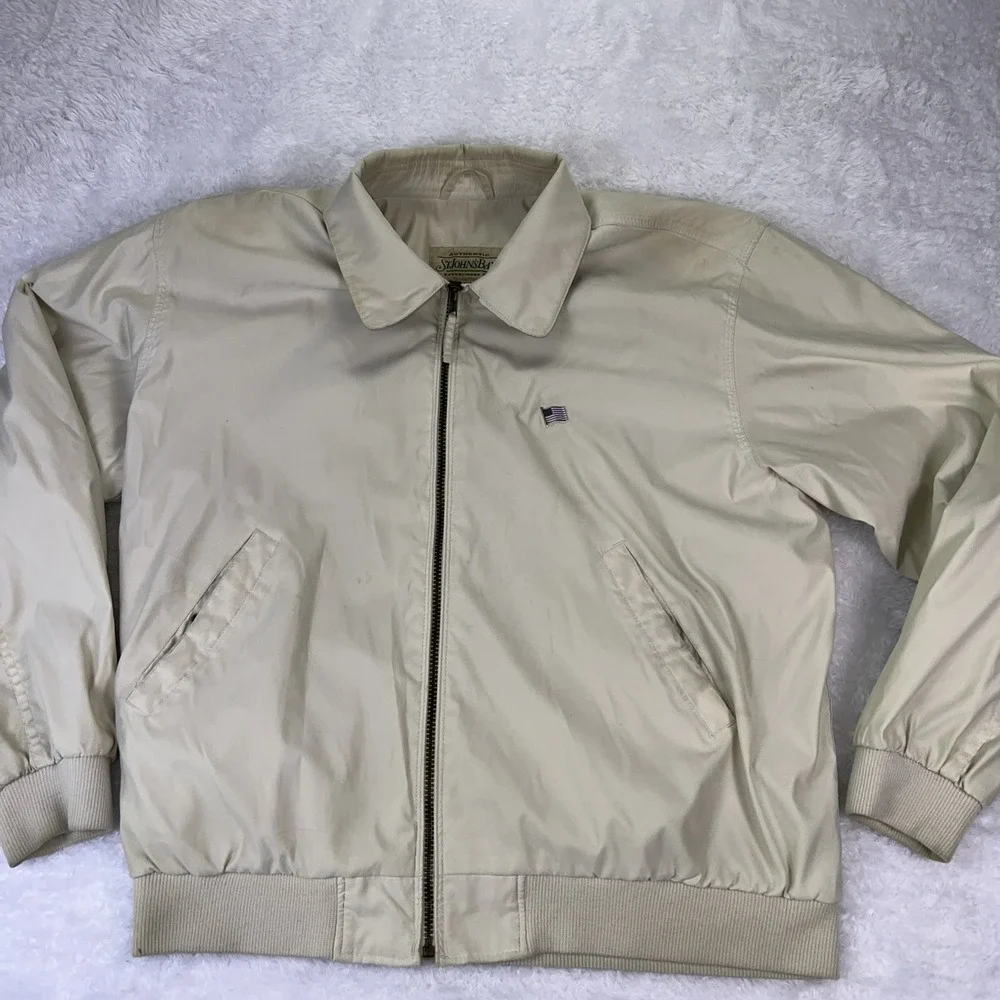 VTG 90s St John's Bay Men's Large FullZip Bomber Jacket Tan Distressed +USA Pin